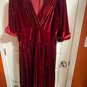 Unique Vintage Deep Red Velvet Long Sleeve Dress
